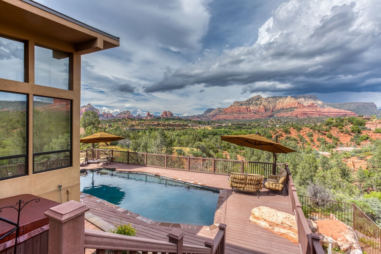 Views of red rock from the pool of one of our Sedona Villa Rentals