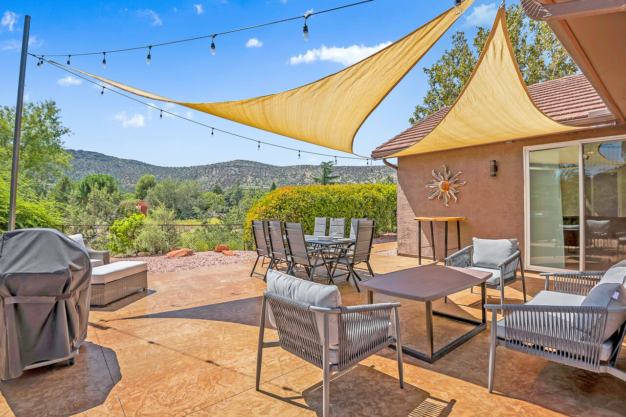 Outdoor seating and scenic views from one of our Vacation Homes in Sedona