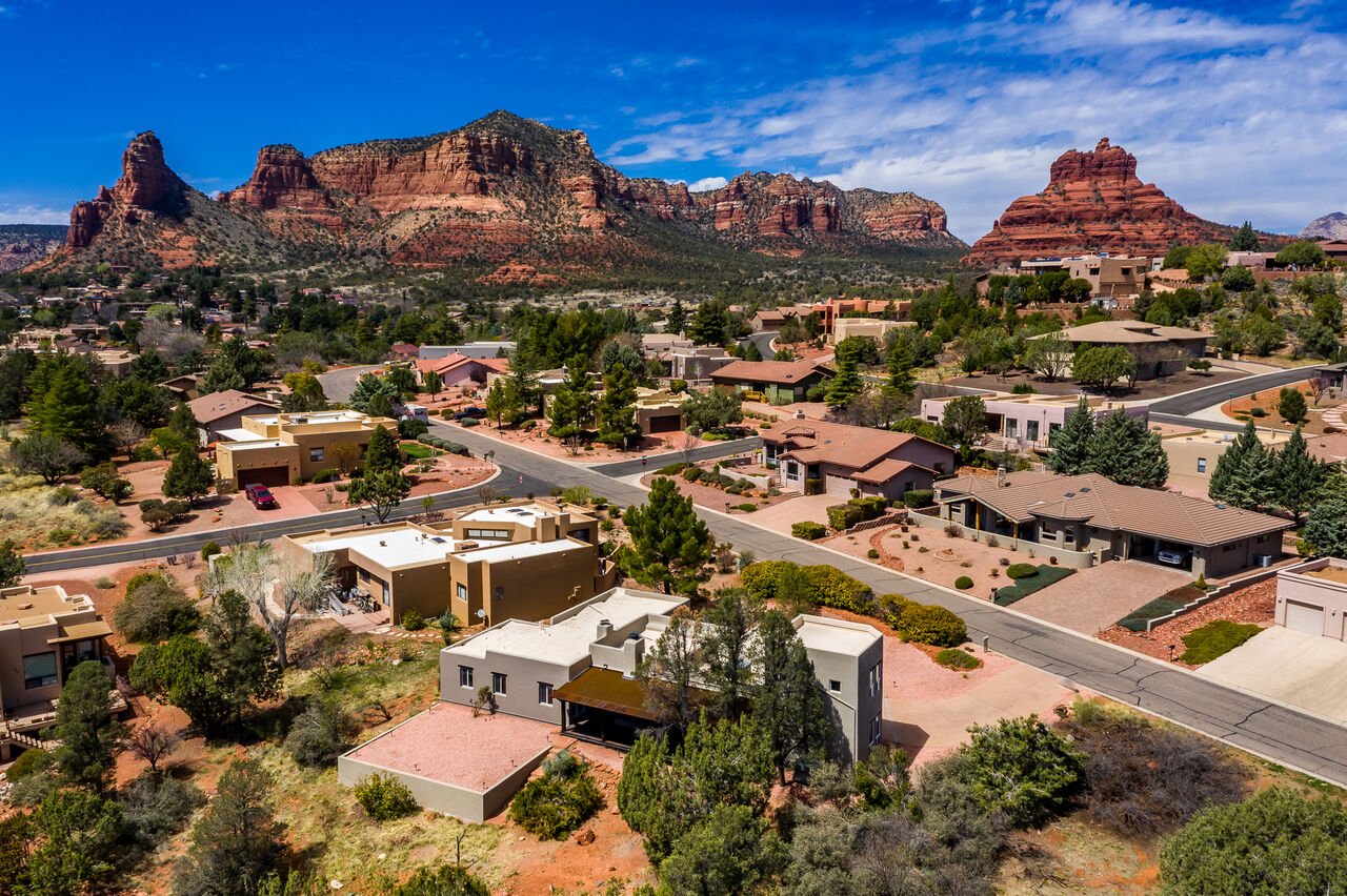 An aerial view of our Sedona Summer rentals
