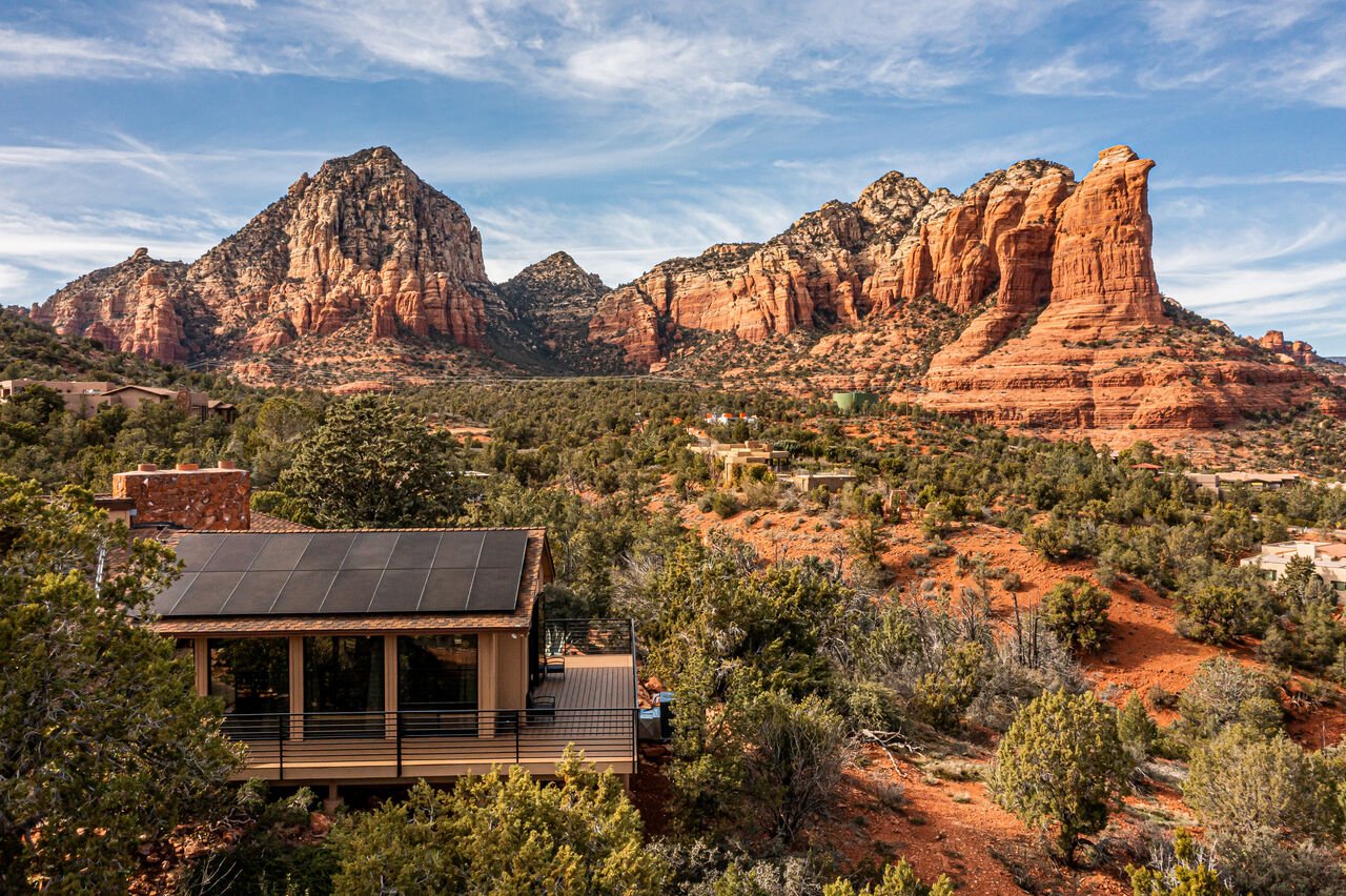 A drone view of one of our Sedona cabins for family vacation